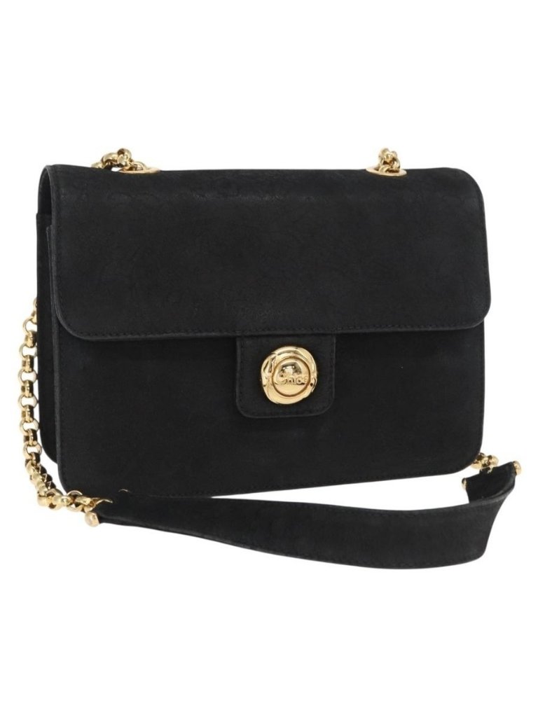 Authentic Chloe Chain Shoulder Bag Suede Black Gold